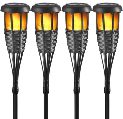 Hwishare Solarfackel mit flackernder Flamme, wasserdichte Bambusfackeln mit handgeflochtener Rattanoptik für Außenbereich, Terrasse, Garten, Rasen