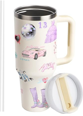 WALLFID 40oz Tumbler,Stainless Steel Insulated Mug with Handle and Straw,Reusable Cute Pattern Travel Coffee Cup,Large Capacity Tumbler for Women and Fans (Lid A)