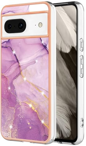 JYNCHDZ for Google Pixel 8 Case Shockproof Google Pixel 8 Phone Case Glitter Marble Flexible Silicone Bumper Slim Thin Gold Edges Shell Drop Protection Cover for Girls Women, Pink Purple