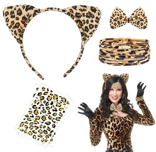Meleager Leoparden Ohren, Leoparden Haarreif, Leopard Ears, Leoparden Ohren Haarreif, Leoparden Fliege, Armband, Tattoos, für Cosplay, Halloween, Karneval