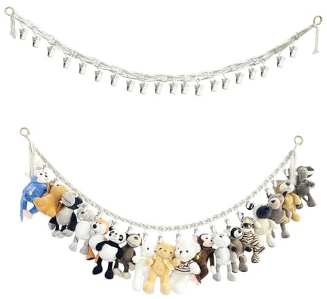 2M Hängender Stofftierhalter mit 20 Metallklammern, Kuscheltier Aufbewahrung Stofftier Aufbewahrung Böhmischer Stil Aufbewahrung Kuscheltiere für Dekoration, zum Aufhängen von Hüten, Weihnachtskarten