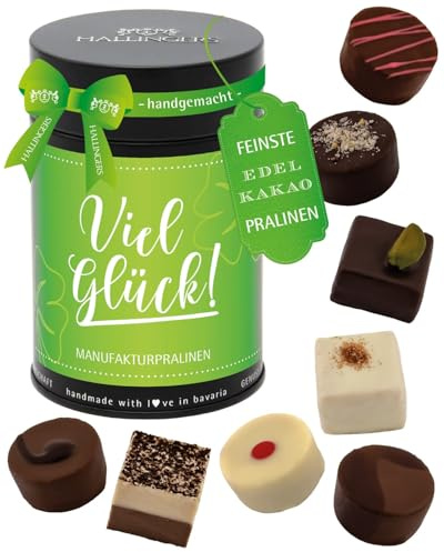 Hallingers Genuss Manufaktur Pralinen Glückwunsch-Geschenk - ohne Alkohol, handmade aus Confiserie-Edelkakao in wertiger Geschenkdose Viel Glück, Geschenkidee für Frauen Männer