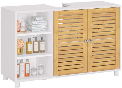 FORABAMB Meuble sous Lavabo, Meuble sous Vasque, Meuble de Rangement avec 2 Portes en Bambou, Étagères Ouvertes et Réglables, Meuble de Salle de Bain pour Lavabos sur Colonne, 30 x 90 x 60 cm