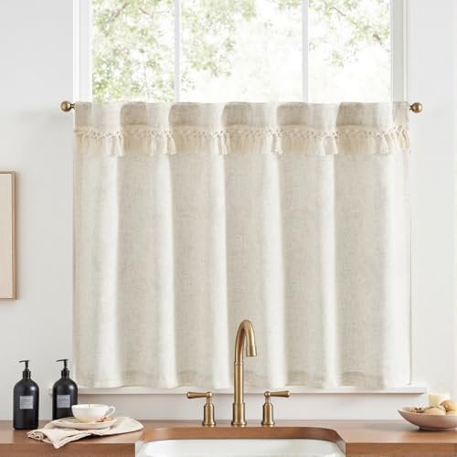 Vangao Quasten Scheibengardinen Modern Küche Beige Leinenoptik Bistrogardine 1er Set 125Bx90Hcm mit Stangendurchzug Wohnwagen kinderzimmer Landhausstil Gardinen Kurz Halbtransparente Küchengardinen