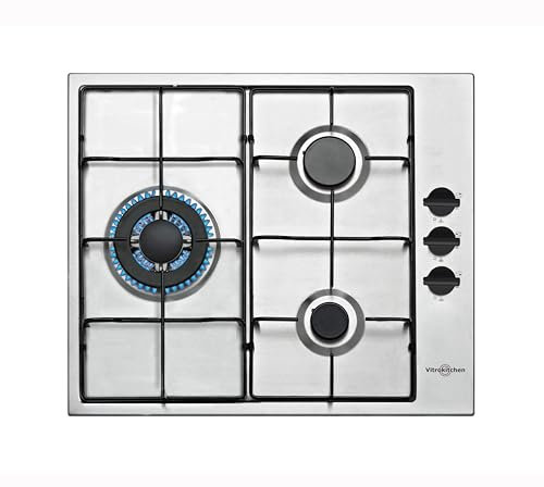 Vitrokitchen EN605LIN - Placa de Gas Natural 3 fuegos con encendido electrónico, acero inoxidable, seguridad Gas-Stop, 60cm