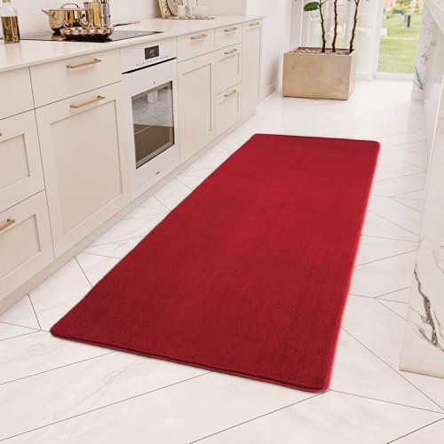 Teppium Läufer Teppich Rot 80x250 cm Waschbarer Kurzflor Teppich, rutschfest & weich, modernes einfarbiges Design für Schlafzimmer, Küche & Flur