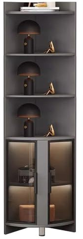 ENHEN Glasvitrine Eckvitrine mit Beleuchtung, 200 cm Hoch, Geschwungene Figurenaufbewahrung, Spirituosenschrank für Schlafzimmer und Büro, Bücherregal Aus Glas(Grey+Black)