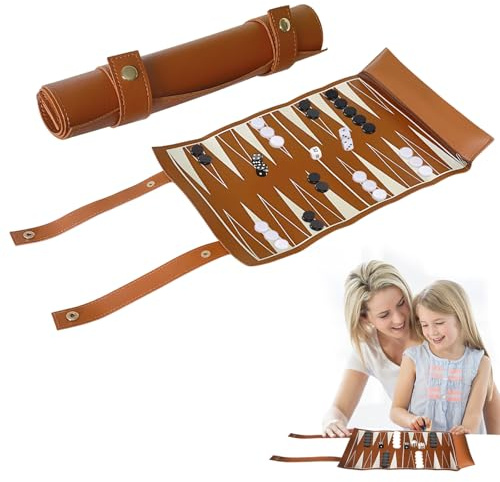 FICOFISE Backgammon - Set da viaggio arrotolabile – Backgammon viaggio classico con accessori, gioco da tavolo portatile per famiglia e viaggi, dimensioni del campo di gioco: 35,5 x 25,2 cm (marrone)