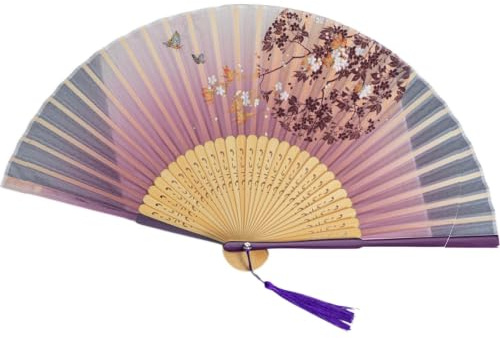GFM® Bamboo Silk Handheld Folding Japanese Chinese Hand Fan for Summer, Wedding, Party Favour (MR-E) (F18-37-Sakura Cherry Blossom)(FLSLK-F18-37)