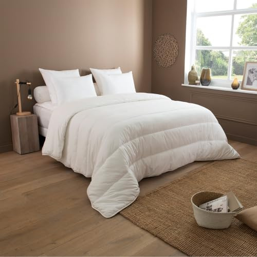 Bettdecke für Doppelbett, 220 x 240 cm, temperiert, 300 g/m², Weiß, milbendicht, 100 % Polyester, hergestellt in Frankreich, Komfort, alle Jahreszeiten
