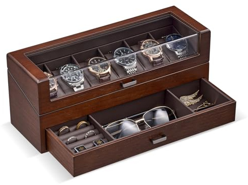 ProCase Estuche para Relojes de Madera, Caja Organizadora de 6 Ranuras con Cajón y Tapa de Cristal, Almohadillas y Forro Interior Suave, Porta Relojes para Hombre –6 Slot, Marrón