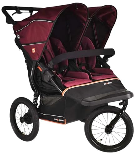 Out'n'About Nipper Double Pushchair V6+ Model & Rain Cover | Certified Running Buggy, Lightweight All-Terrain One-Hand Fold Twin Double Pram with Suspension, 14” Air-Filled Wheels (Brambleberry Red)