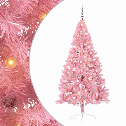 Hommdiy Künstlicher vorbeleuchteter Weihnachtsbaum Rosa 180 cm PVCmit 120 pinken BällenModerner Kegel-Weihnachtsbaum Festliche saisonale Deko für draußen Wohnzimmer und Garten