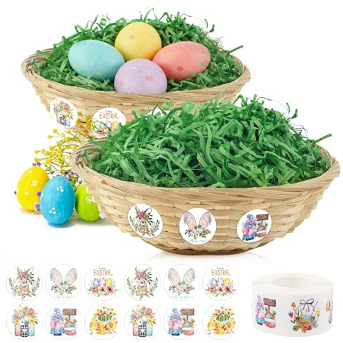 2Piezas Cesta de Pascua para Llenar, Cestas de Pascua con Hierba Decorativa y pegatinas, cestas de nido de Pascu para decoración de huevos de Pascu
