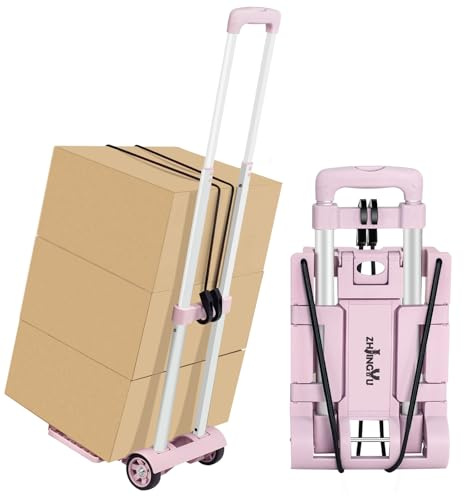 ZHJINGYU Aluminium Folding Hand Truck Sack Barrow 70lbs 2 Wheel Pink | Lightweight foldable trolley with bungee cords, ideal for luggage, travel, car and shopping