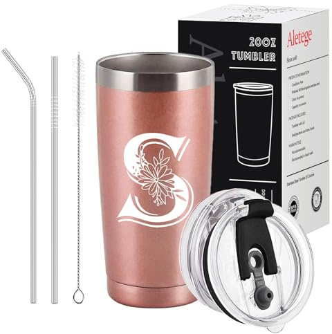 Aletege Letter S Insulated Travel Cup with Lid, Personalized Initial Mugs for Women, Letter S Gift Coffee Mugs for Women, Wife, Mom, Grandma, Bridal Shower Gifts, 20 OZ Rose Gold Two Lids