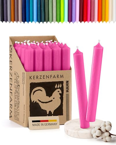 Stabkerzen 10 Stück, 18cm x 2,2cm, Premium Qualität - Deutsche Manufaktur, Kerzenfarm Hahn - lange Brenndauer (8+ Stunden) RAL-Zertifiziert, durchgefärbte Spitzkerzen (Neon Pink)