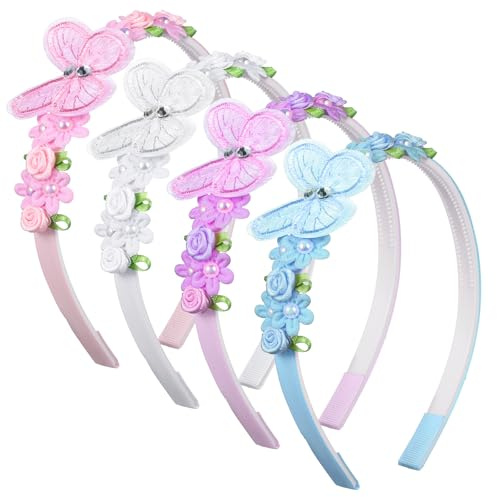 4PCS Butterfly Flower Headband, Non-Slip Cute Toddler Headbands