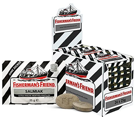 Fisherman's Friend Salmiak, 24er Vorratsbox, Salmiak und Menthol Geschmack, zuckerfrei & vegan, Bonbons für frischen Atem, 24 x 25g