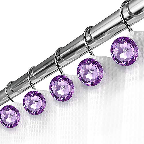 Shower Curtain Hooks Rings,iiEASEST Quality Acrylic Decorative Shower Hooks Bling Round Diamond Design Chrome Finish Rings S Roller Hooks for Hanging Curtain Bathroom Home Hotel Set of 12 (Purple)