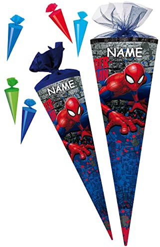 alles-meine.de GmbH Set Schultüte + 5 kleine Zuckertüten - Spyderman/Spyderman - 70 cm - rund - incl. Name - Filzabschluß - Zuckertüte - mit/ohne Kunststoff Spitze - Ne..