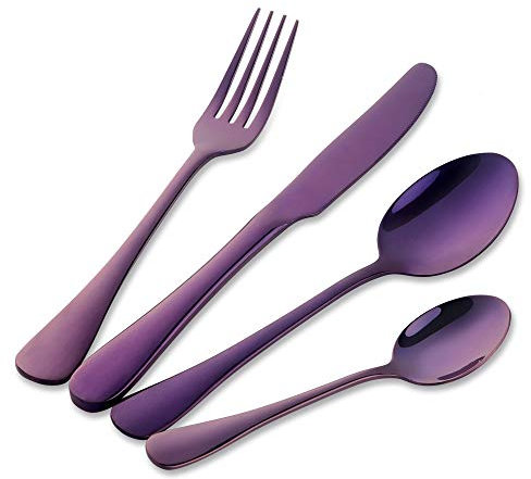 Buyer Star Cuberteria 4 Piezas Cubiertos Violeta Acero Inoxidable Vajilla Cuchara Tenedor Cuchara Cucharilla