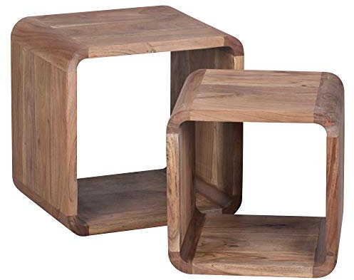 KADIMA DESIGN Massivholz Akazie Satztisch Teko Beistelltisch 2er Set Cubes Würfelregal