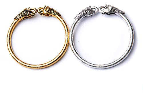 Rudraksha Shiv Om Trishul Damroo Kada für Männer, Lord Shiva Bahubali Armreif für Männer, Jungen | Religiöses Messing Kada | Freie Größe Armband für Maha Shivratri (Elefant Golden+Silber)…