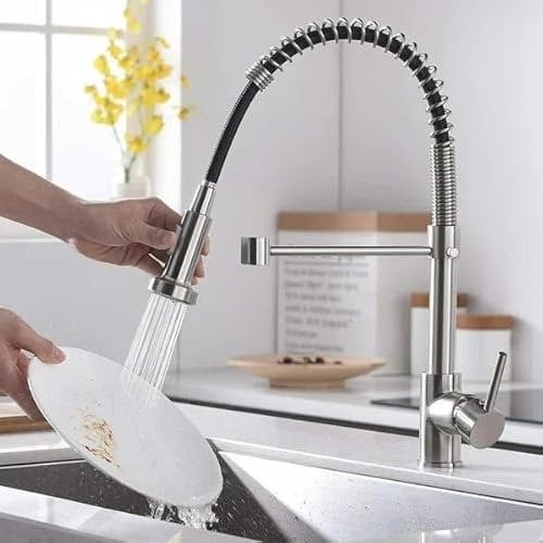 Modern Mono Kitchen Mixer Tap Dual Spout & Pull Out Spray Single Lever Chrome 360° Swivel Spout 2-Modes Spray Faucet Water Tap