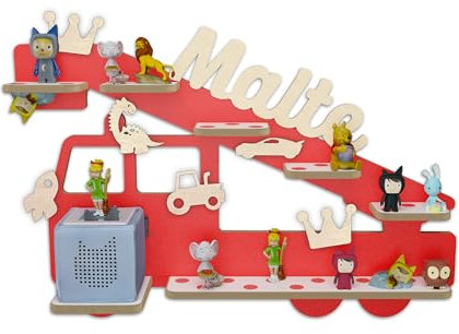Holzura Kinderregal zur Tonie Aufbewahrung, Wandregal für Toniebox, Regale für Toniebox, Kinderzimmer Wandregale für Musikbox und Tonie figuren, Motiv: Feuerwehr