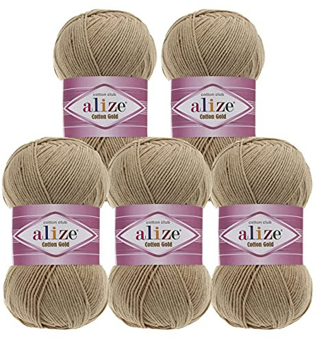5 x 100g Strickgarn Alize Cotton Gold Uni Klassikgarn Häkelgarn Strick-Wolle Farbwahl, Farbe:262 beige