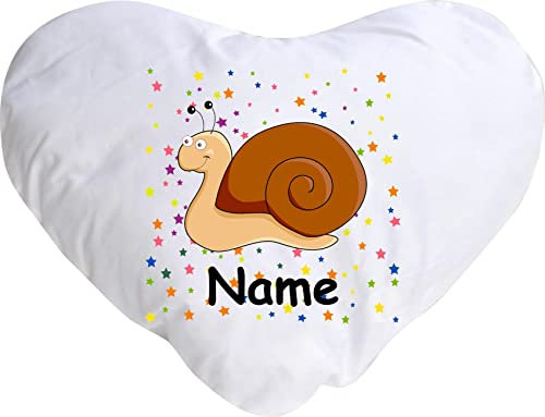 Kuschelkissen Schnecke mit Wunschnamen Tiermotiv Sterne Sterne, Kinderzimmer Kuscheln, Kopfkissen Dekokissen mit Füllung, Form Herz Größe 40X44cm, Farbe weiß