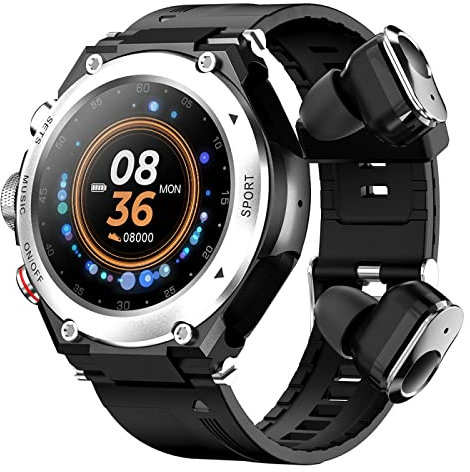 Reloj Inteligente 2 en 1 con Auriculares, Reloj Inteligente con Bluetooth Integrado, Altavoz, rastreador de Actividad física, Altavoz, grabación, termómetro Corporal,Plata