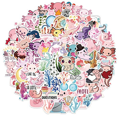 Bric Dodo 100 Stück Niedlich Axolotl Aufkleber Laptop Telefon Gitarre Skateboard Notebook Auto Motorrad Fahrrad Vinyl Stickers Wasserdicht Süß Axolotl Aufkleber für Jugendliche Kinder Erwachsene