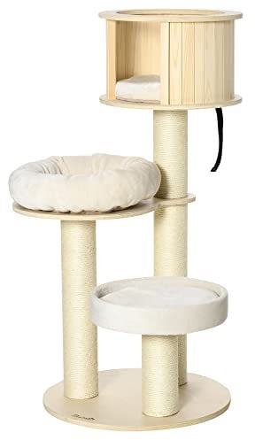 PawHut Kratzbaum Holz 122 cm hoch Katzenturm mit DREI Ebenen, Sisalstämme, Plattform, mehrstöckiger Katzenkratzbaum, Kletterbaum für Katzen unter 4,5kg, Natur+Creme