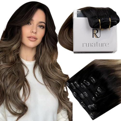 RUNATURE Haarverlängerung Echthaar Clip 55cm Lang Hair Extensions Balayage Schwarz Und Braun bis Blond Glatt 7 Stück 120g