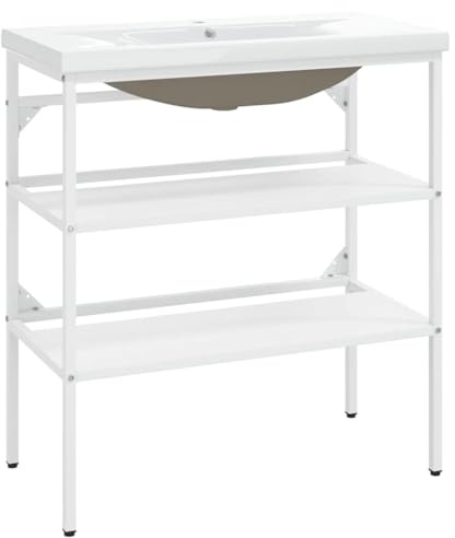 vidaXL Home Bathroom Washbasin Frame with Built-in Basin Home Bathroom Console Sink Frame Washbasin Stand Wash Basin Furniture White Iron