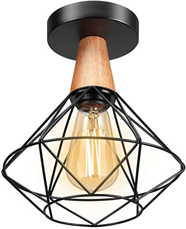 LIGKIN Deckenleuchte Vintage Deckenlampe Industrielle aus Eisen Käfig Lampenschirm Deckenlampe Holz E27 Deckenbeleuchtung für Esszimmer, Wohnzimmer, Schlafzimmer
