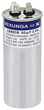 VEXUNGA Kondensator 60uF 60 MFD 370VAC 440VAC 450VAC 50/60Hz Runder AC Kondensatoren CBB65 für Klimaanlage Kompressor Motor Luft Wärmepumpe oder Lüftermotoren