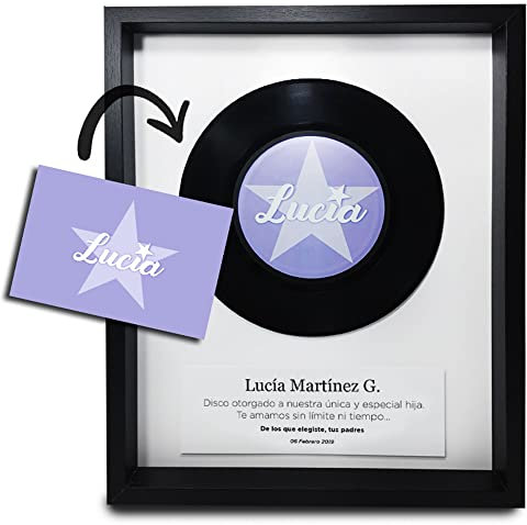 Marco decorativo, regalo original personalizable. Disco de vinilo con foto y mensaje personalizados en cuadro de madera y cristal. Para colgar o colocar (20 x 30 cm. Disco 7 original + cartel blanco)