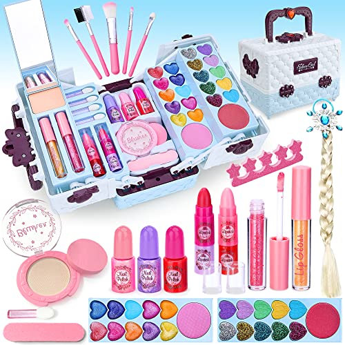 Lubibi Kinderschminke Set Mädchen mit Schminkkoffer,45 PCS Waschbares Safe Make up Spielzeug,Schminkset Spielzeug,Einhorn Plüschtasche,Geburtstag Weihnachten Party Geschenke für Kinder 3456789 10 11