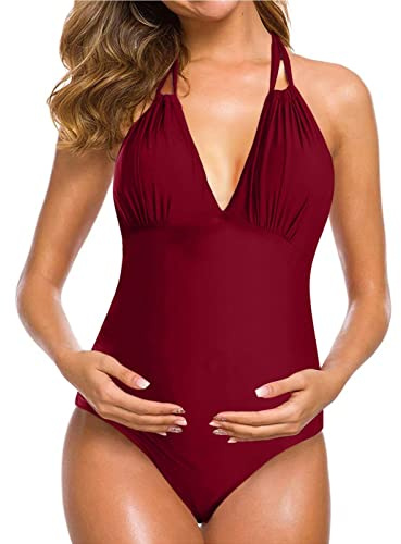 Maillot De Bain Maternité Une Pièces Col en V Halter Maillot De Bain Enceintes Sexy Chic Pas Cher Monokini Grossesse Grande Taille Plage Océan Piscine Natation Sport