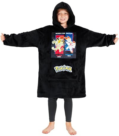 Pokemon Oversize Hoodie Jungen Decke mit Ärmeln und Kapuze, Pikachu Fleece Blanket Hoodie Pullover (Schwarzes Mauzi/Hopplapferd)