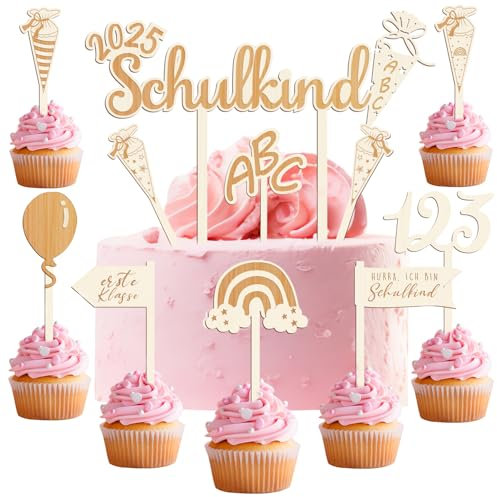 Humairc 2025 Tortendeko Einschulung 10tgl. aus Holz Junge Mädchen Schulkind Zuckertüte Cake Topper ABC 123 Cupcake Torte Deko Kuchendeko Schulanfang