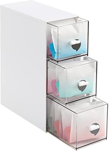 Opopark Tea Storage Boxes Handy Tea Box Storage with 3 Drawers for Different Types of Teabags Plastic Tea Chest for Kitchen Organisers for Tea Bags Sugar Coffee Pods (White)