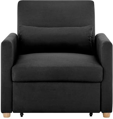 Bravich Dahlia Pull Out Single Sofa Bed Chair - Black. 1 Seater Recliner Armchair, Folding Fabric Lounge Chair to Small Single Bed. Easy Fold Convertible Bedroom & Living Room Furniture.