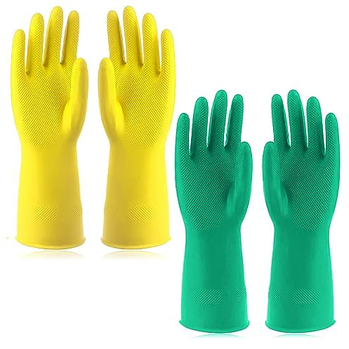KIPTVO 2 Pack Reusable Cleaning Gloves Latex Free Dishwashing, Rubber Gloves Large, Washing up Gloves Without Liner, Waterproof Household Gloves for Laundry, Gardening (L)