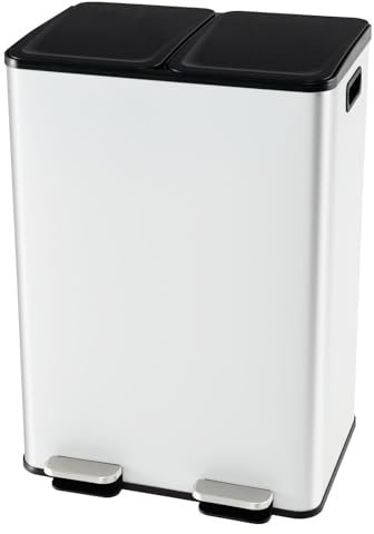 TANGZON 2x30L Recycling Pedal Bin, Double Kitchen Waste Bin with Plastic Inner Buckets, Soft Closure Lids, Deodorant Boxes & Handles, Fingerprint Proof Airtight Stainless Steel Trash Can (White)