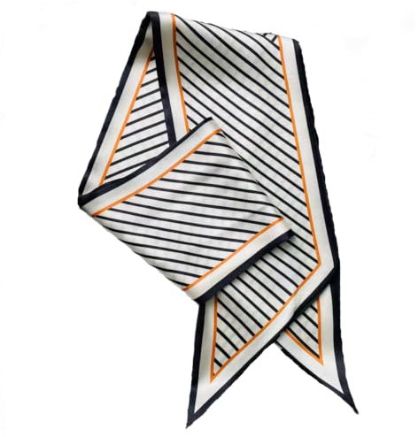 GIMIRO Satin Seidenschal 148 x 13,5 cm Krawatte Double Layer Bund für Blazer, Mantel, Kleid (White/Black/Orange Stripes)