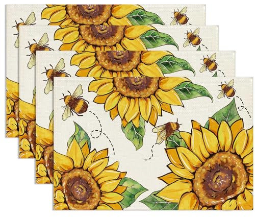 Tarklanda Sonnenblumen Platzsets 4er Set Sonnenblumen Biene Tischsets Sommer Saisonal Tisch-Dekoration für Küche Restaurant Bauernhaus Urlaub Party 30x45 cm